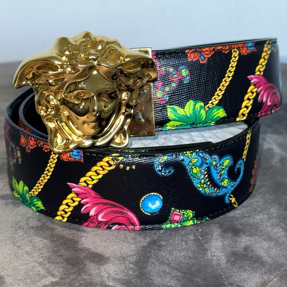 Versace Black Multicolor Leather woman Belt Medusa Buckle Reversible waist 33-35